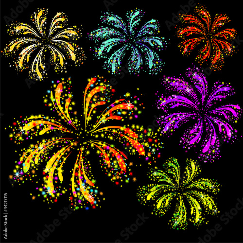 Brightly colorful fireworks isolated on black background