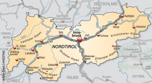 Landkarte von Tirol mit Nachbarl  ndern