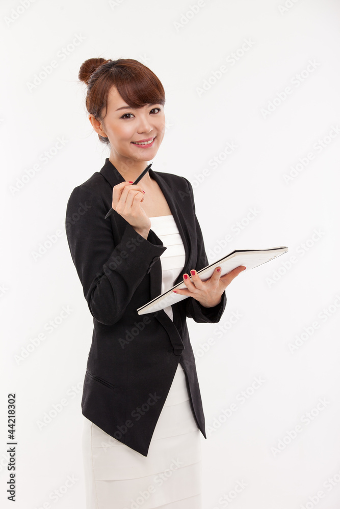 Business woman and note book isolated on white background. Business woman and note book isolated on white background.