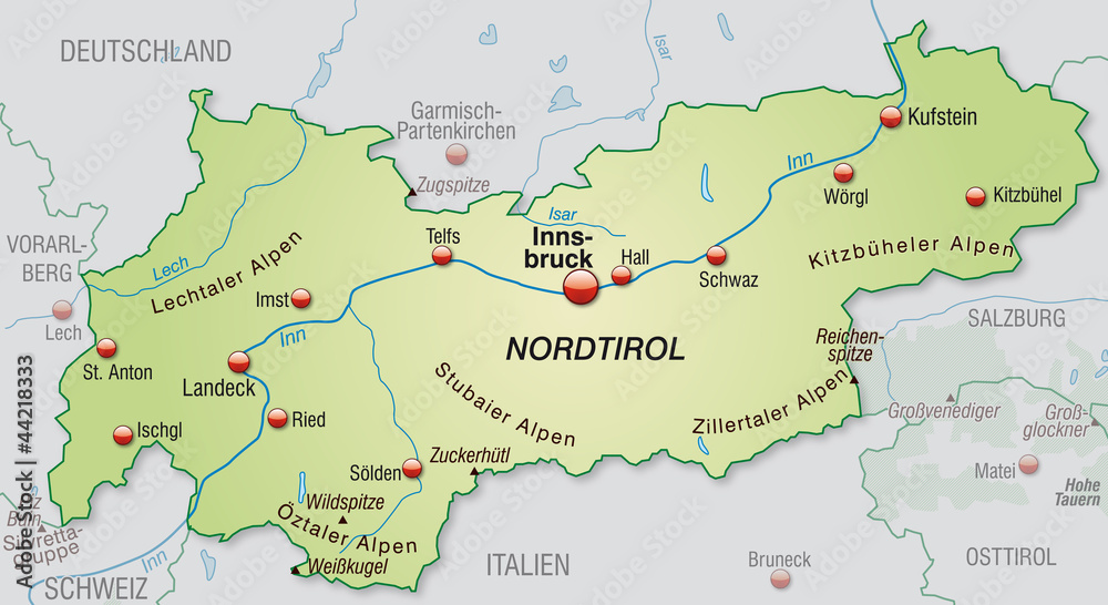 Umgebungskarte von Tirol mit Hauptstädten