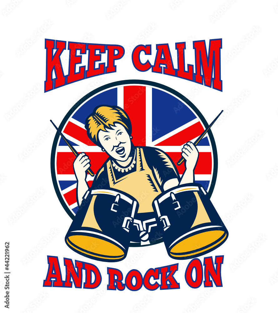 Naklejka premium Keep Calm Rock On British Flag Queen Granny Drums