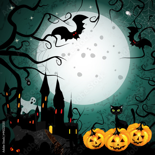 Halloween card with pumpkin and ghost castle