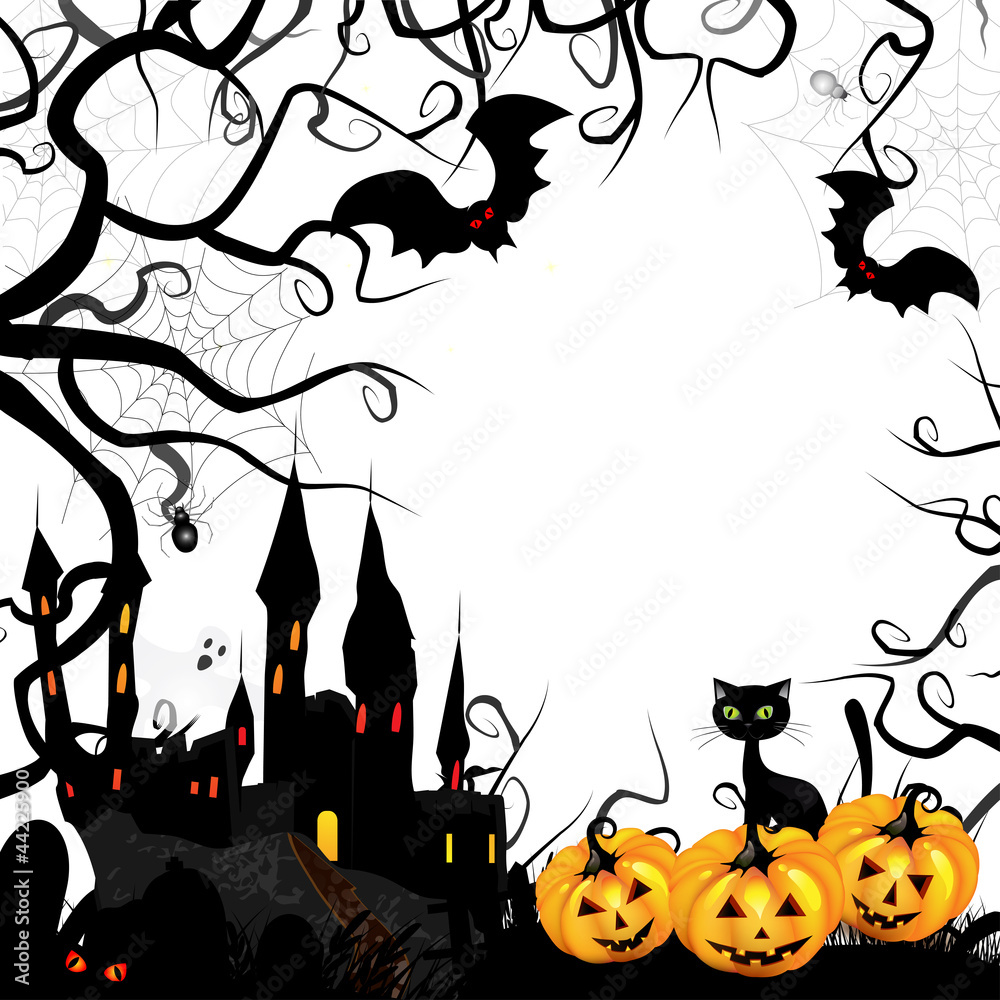 Halloween card with pumpkin and ghost castle