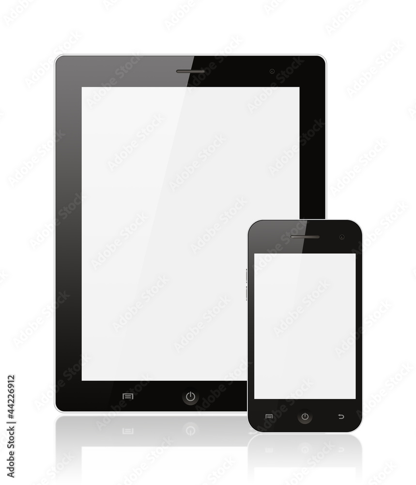 Modern realistic digital tablet PC with smartphone on white back Modern realistic digital tablet PC with smartphone on white back