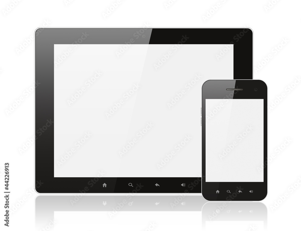 Modern realistic digital tablet PC with smartphone on white back Modern realistic digital tablet PC with smartphone on white back