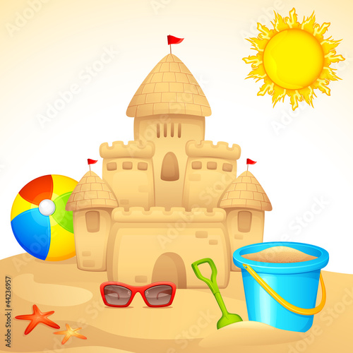 vector illustration of sand castle with sandpit kit