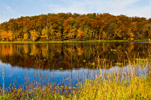 Fototapeta Naklejka Na Ścianę i Meble -  Autumn scenery with trees reflected in lake