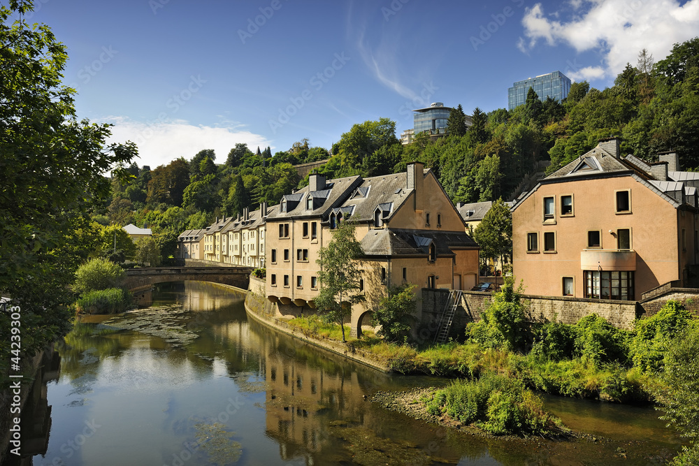 Houses along Alzette river in the Pfaffenthal area of Luxembourg