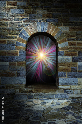 Magical vortex in a stone arch doorway