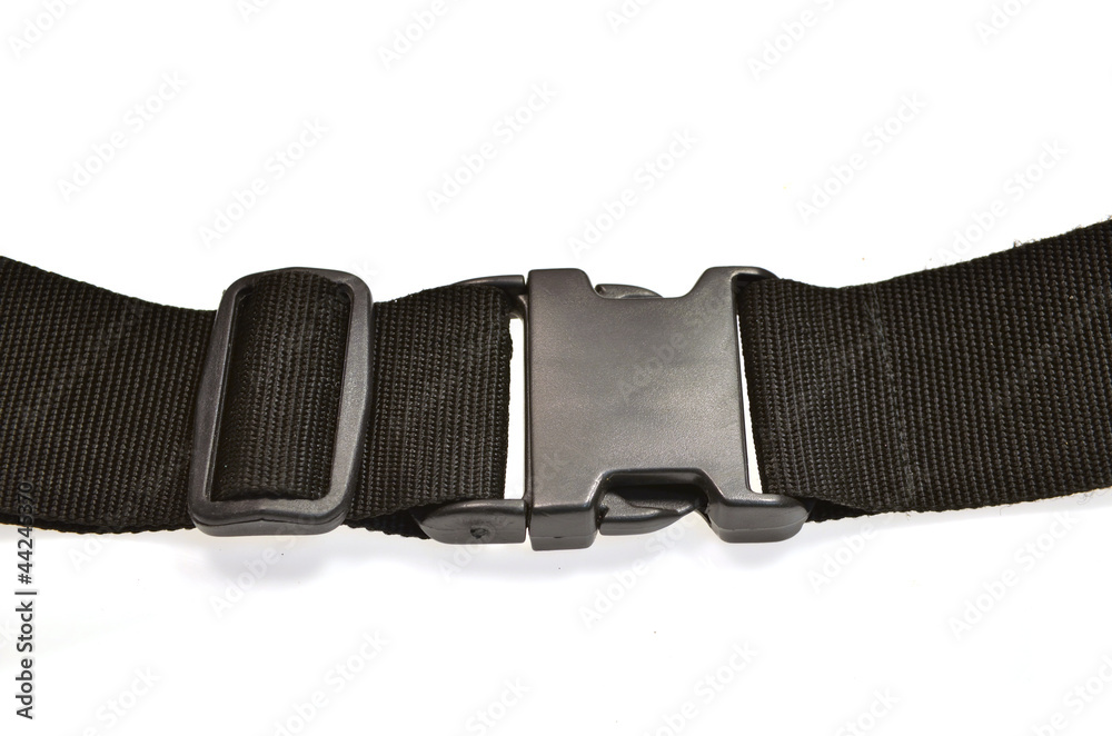 black plastic buckle on strap isolated on white black plastic buckle on strap isolated on white