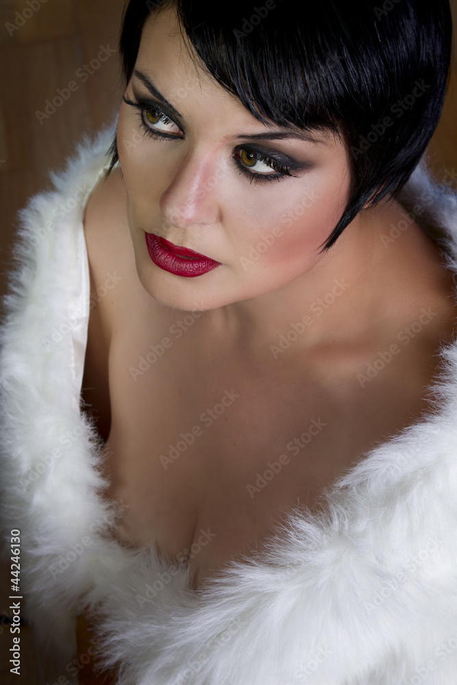 20s style beautiful brunette female wearing fur, exquisite old h