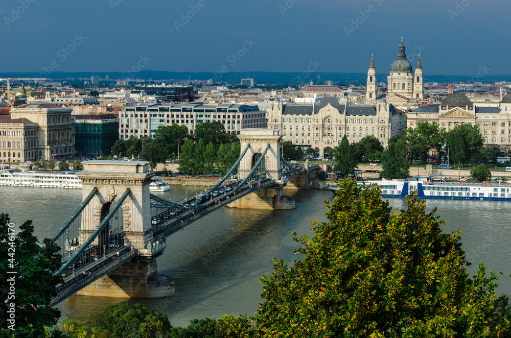 Budapest. Danube, Chain Bridge and St. Michael cathedral