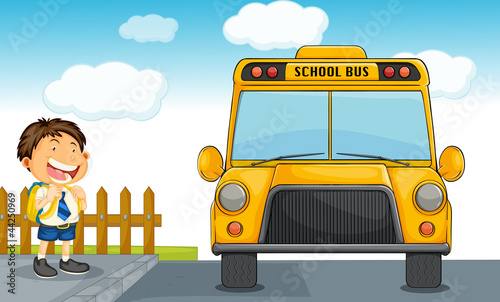 school bus and boy