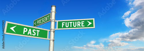 Fotografi signpost PAST, PRESENT & FUTURE
