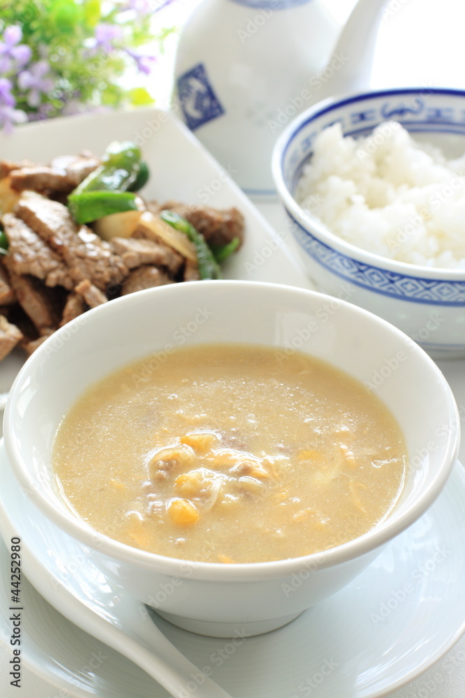 Chinese cuisine, corn and mince meat soup