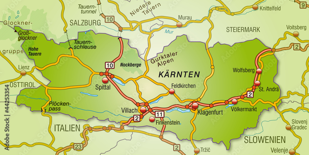 Autobahnkarte von Kärnten mit Umland