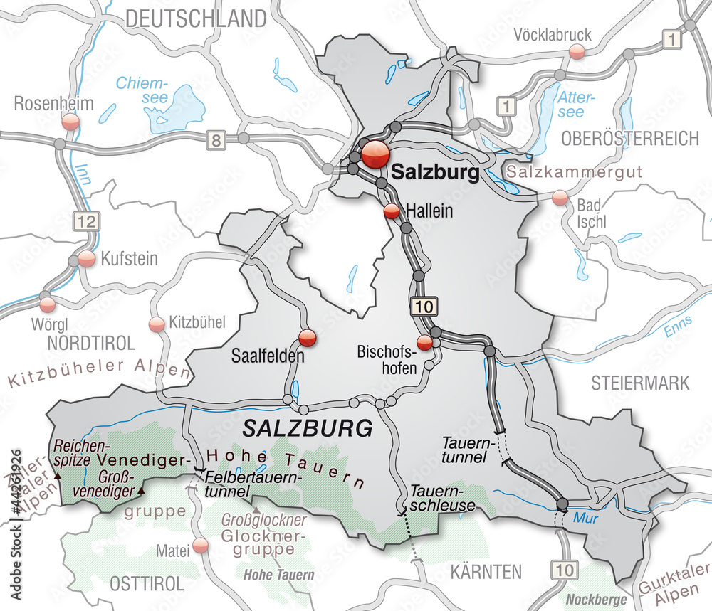 Autobahnkarte vom Kanton Salzburg und Umgebung