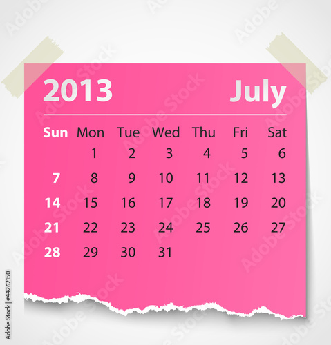 2013 calendar july colorful torn paper