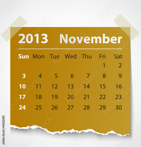 2013 calendar november colorful torn paper