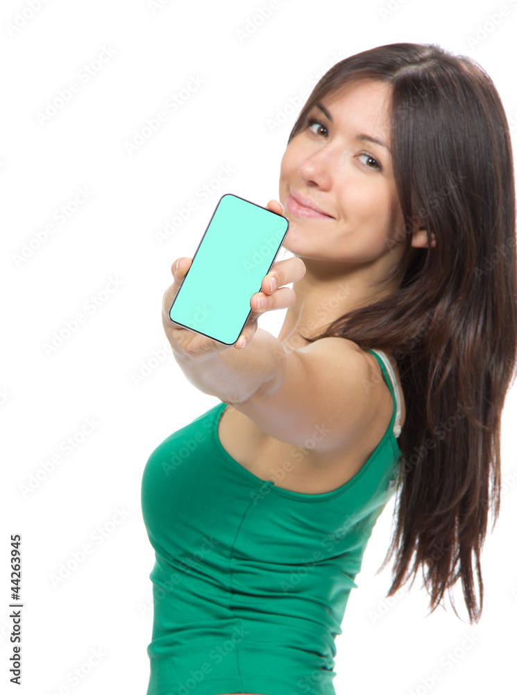Woman Showing display of her new touch mobile cell phone Woman Showing display of her new touch mobile cell phone