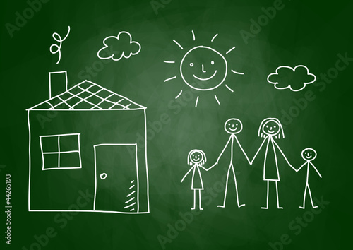 Drawing of family and house on blackboard