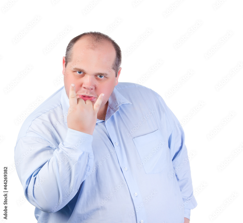 Fat Man in a Blue Shirt, Showing Obscene Gestures Fat Man in a Blue Shirt, Showing Obscene Gestures