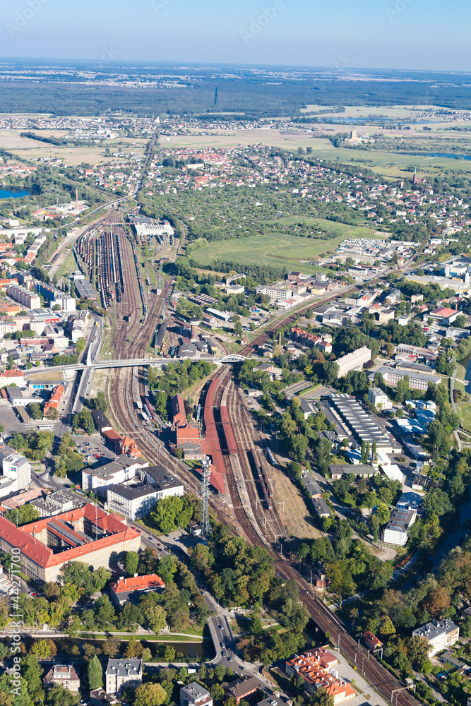 aerial view of Opole city suburbs and railway station
