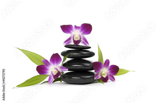 Zen pebbles balance. three orchid and bamboo leaf