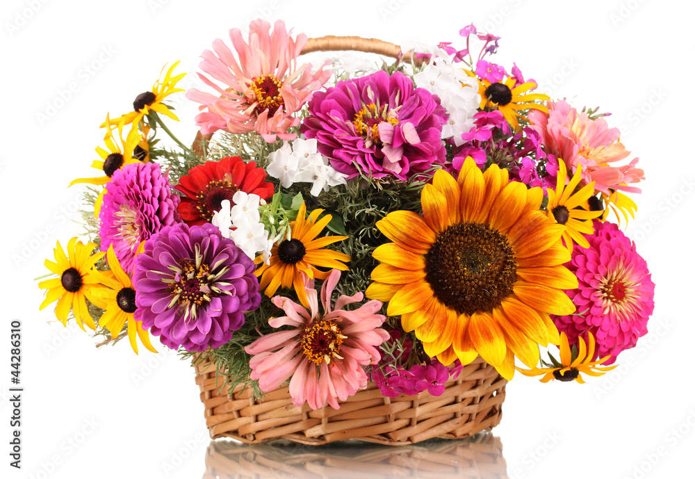 Beautiful bouquet of bright flowers in basket isolated on white