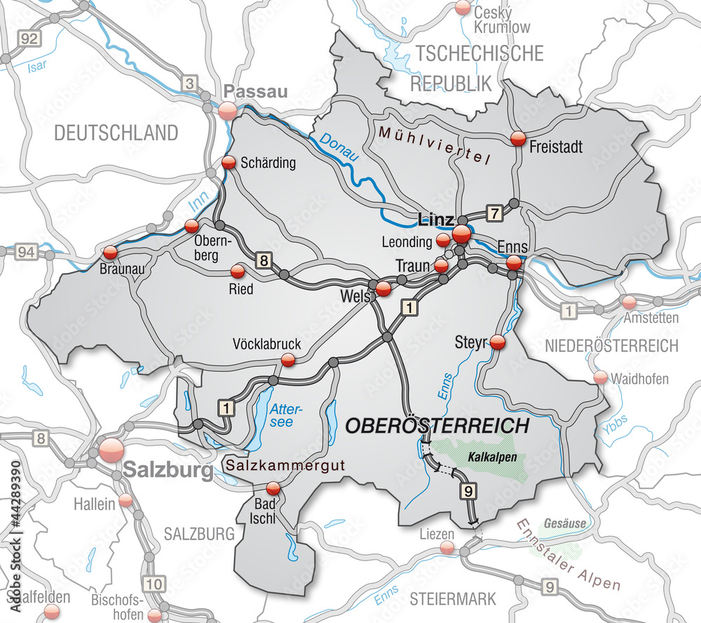 Straßenkarte des Kantons Oberösterreich mit Umland