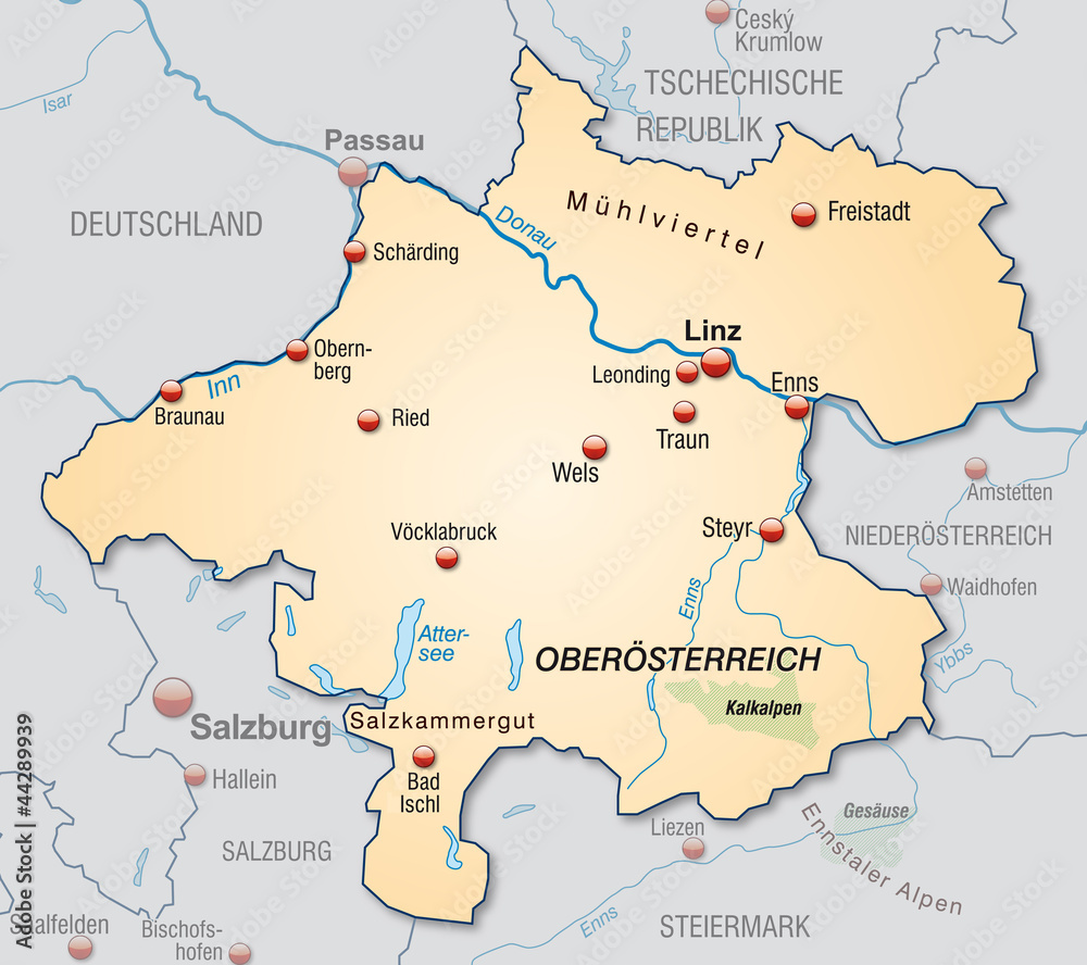 Kantons Oberösterreich mit Nachbarländern und Hauptstädten Kantons Oberösterreich mit Nachbarländern und Hauptstädten