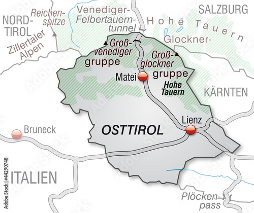 Verkehrskarte des Kantons Osttirol mit Nachbarländern