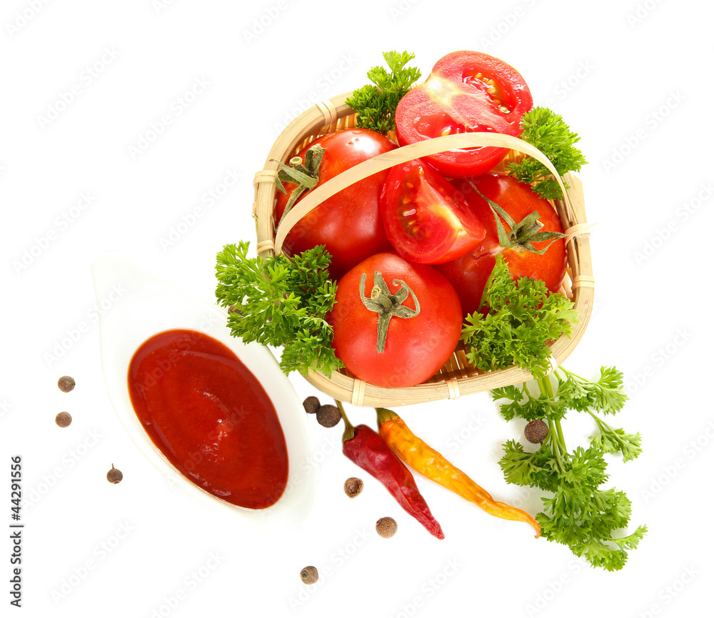 Still life tomatoes ketchup and herbs isolated on white Still life tomatoes ketchup and herbs isolated on white