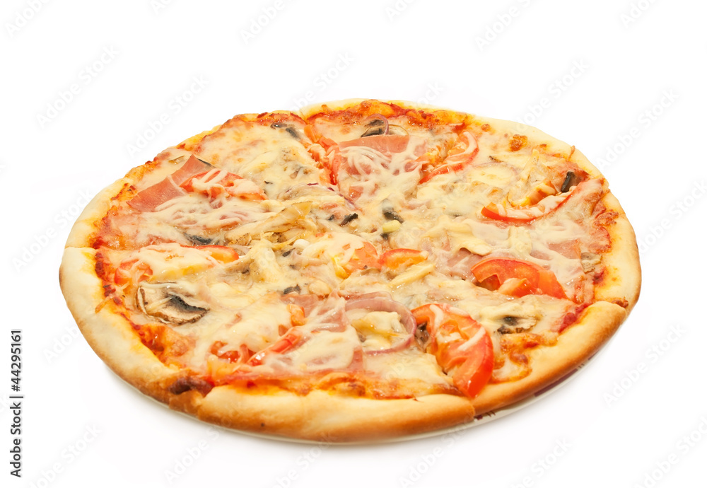 Pizza with salami, tomatoes and chicken isolated