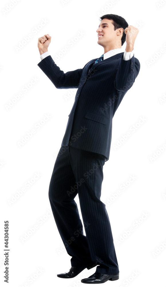 Happy gesturing businessman, isolated