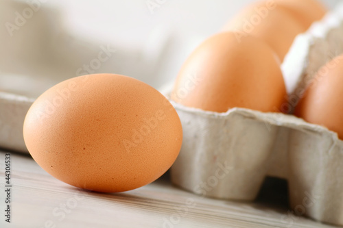 Chicken eggs on kitchen table