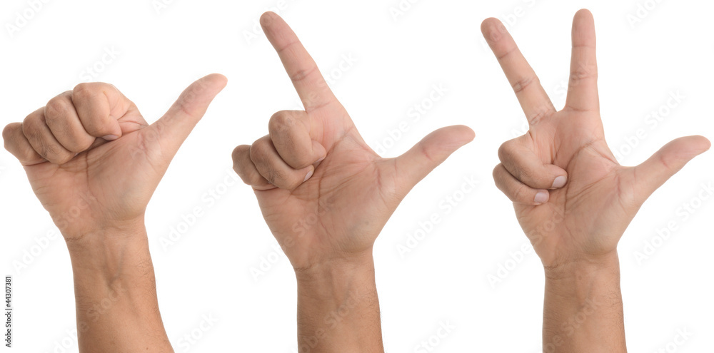 Hand gestures - One, two, three / 1-2-3 - isolated on white Hand gestures - One, two, three / 1-2-3 - isolated on white