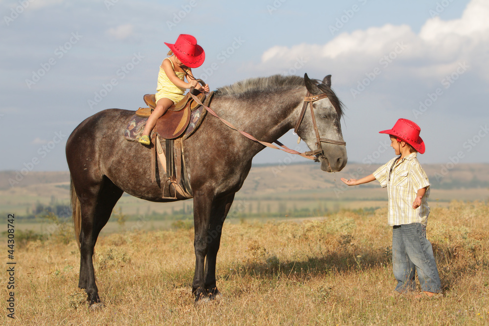 Fototapeta premium two happy children riding horse on natural background