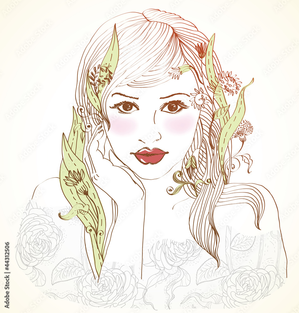 Hand Drawn Beautiful woman with flowers in hair Hand Drawn Beautiful woman with flowers in hair