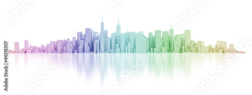 Photography 3d city in rainbow colors isolated on mirror floor