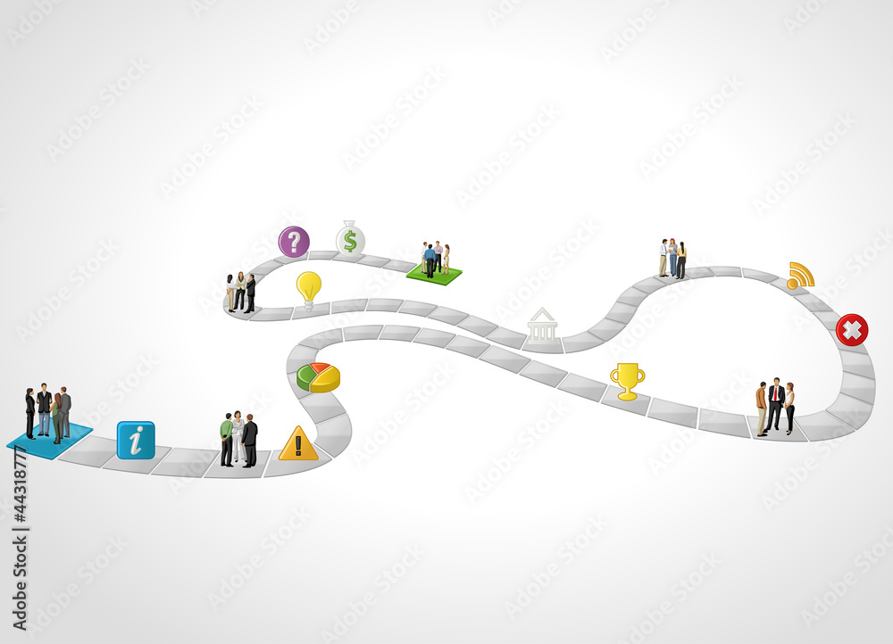 Board game with business people over path Board game with business people over path