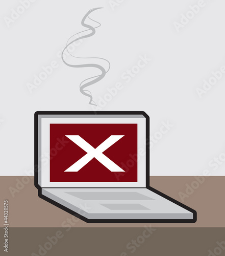 Computer broken with large "X" on screen and smoke.