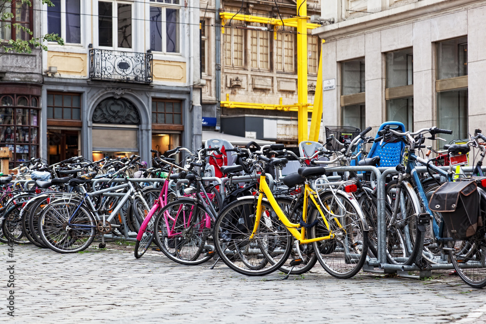 Parking of bicycles on one of streets of Ghent