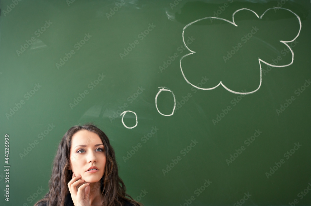 woman over blackboard with cloud woman over blackboard with cloud
