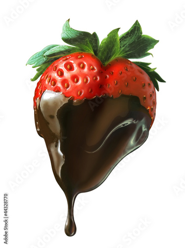 Strawberry shaped as the heart, half covered of liquid chocolate