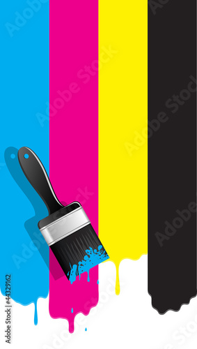 Brush with cmyk paint. Vector illustration.