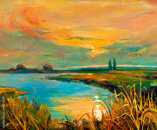 Obraz Zachód słońca nad jeziorem lub rzeką
