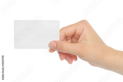 Hand holds business card on white background