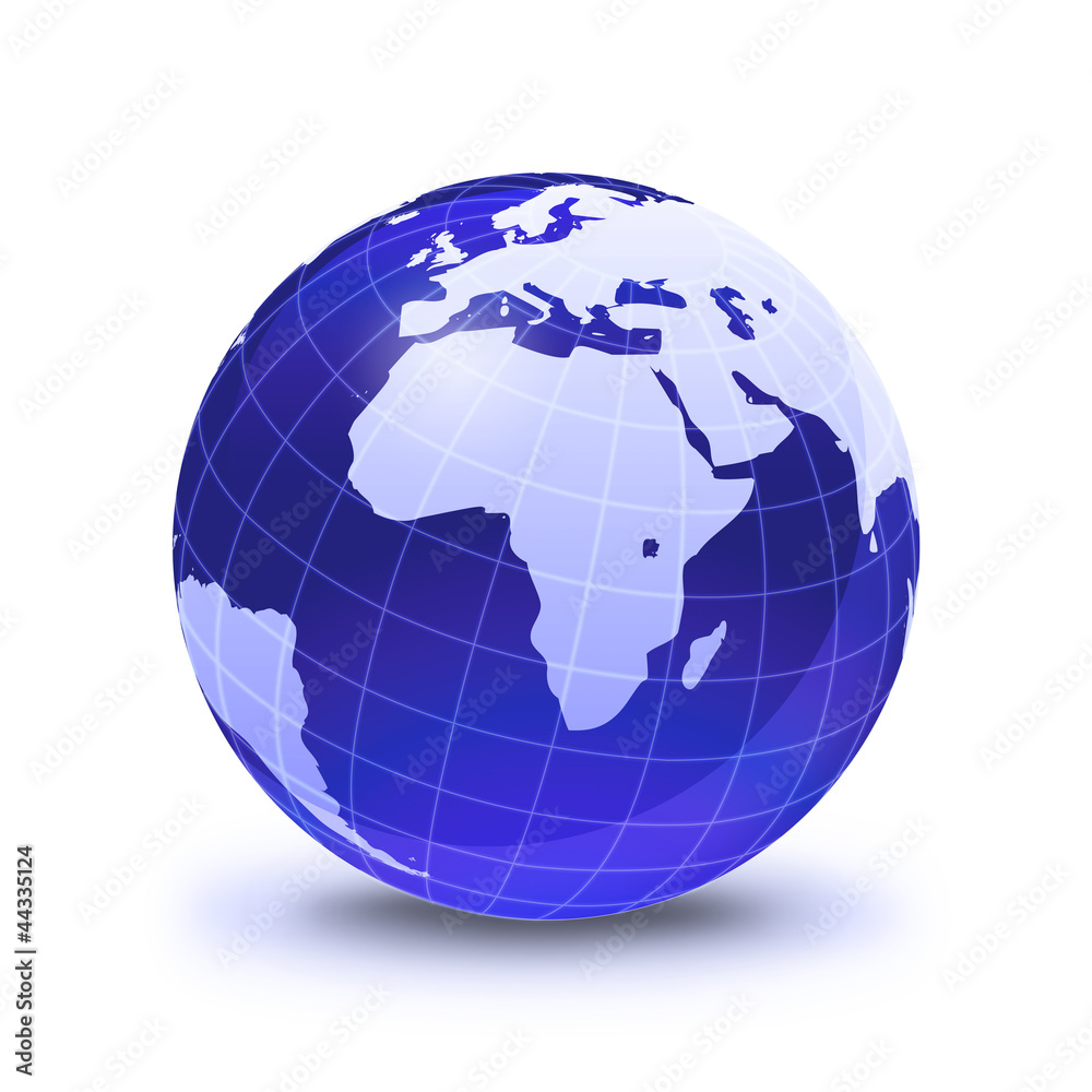 Earth globe stylized, in blue color, shiny and with white glowin