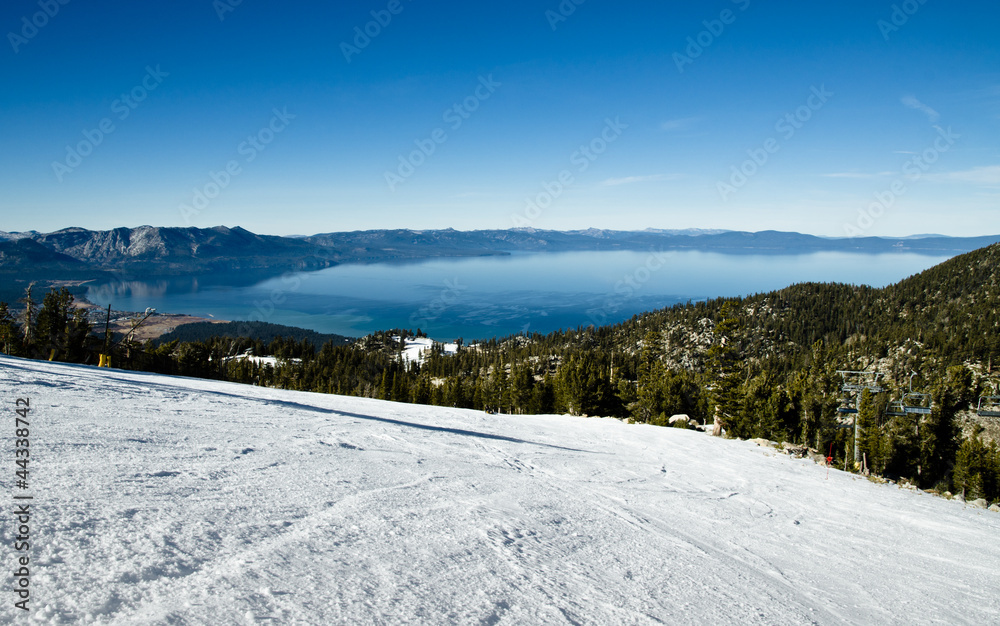 View at Lake Tahoe from the ski run on resort View at Lake Tahoe from the ski run on resort